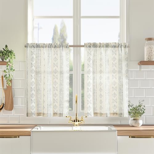Vangao Küche Scheibengardinen Leinen Bistrogardine für Fenster Esszimmer Küchengardinen Landhausstil Halbtransparent Vorhänge Kurz Bauernhaus Geometrisch Gestreifte 2erSet 65Bx90H(cm) Grau auf Beige