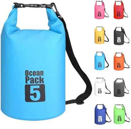 MORAINJAY 5L Wasserdichter Beutel, Himmelblau Dry Bag 2L/5L/10L/15L/20L/25L/30L mit Verstellbarem Gurt, Schützt Telefon/Karte, Roll Top Wasserdichter Beutel Rucksack für Schwimmen/Rafting/Bootfahren
