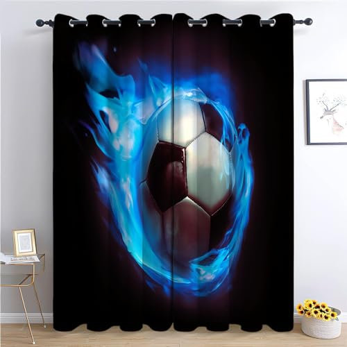 CozyRest Gardinen Kinderzimmer Schlafzimmer H160 x B70cm Thermovorhang Verdunkelungsvorhang Schwarz Jungen Vorhänge Blaue Flamme Fußball Blickdicht Ösenvorhang 2Er Set