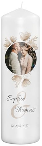 PhotoFancy® - Personalisierte Hochzeitskerze - Fotokerze mit eigenem Foto/Text bedrucken lassen - Kerze mit Hochzeits-Design: Romantischer Glanz - 29 cm Höhe