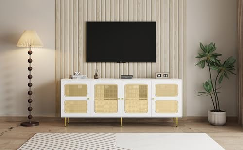 Rattan TV Board für 80-Zoll-Fernseher mit 4 geräumige Rattantüren, 8 Schließfach mit verstellbares Regal, Boho Fernsehtisch, Fernsehschrank für Wohnzimmer und Esszimmer 180x40x72cm Elegant Weiß1