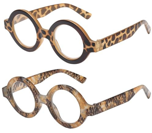 AOOLIA 2er-Pack Runden Lesebrille Damen, Anti-Blaulicht-Gläsern Gläser, Ultraklare Sicht Männer Frauen Lesehilfe (Braun+Leoparden/Gelb)