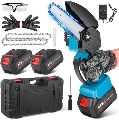 Mini Chainsaw Cordless 6 Inch with 2 * 6000mAh Battery, Brushless Motor Mini Chainsaw Cordless, 2 Manganese Steel Chains & Security Lock, Handheld Electric Chainsaw for Garden Tree Branch Cutting