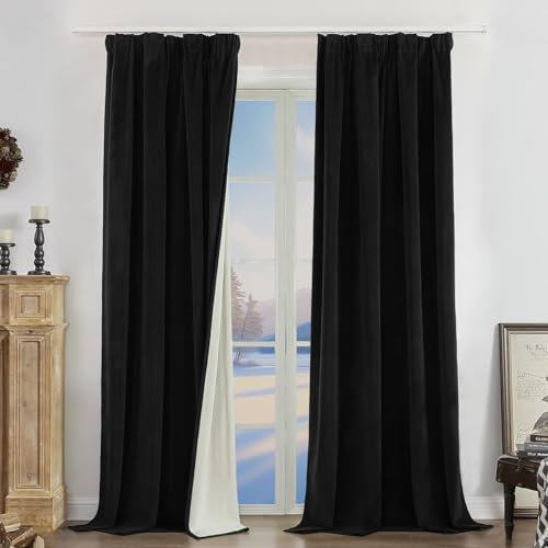 Joydeco 100% Blickdicht Samt Vorhänge mit Kräuselband 2 er Set H 260 x B 132 Schwarz Schienensystem Schiebevorhang Verdunkelung Thermovorhang Kälteschutz Gardinen Schlafzimmer Wohnzimmer Curtains