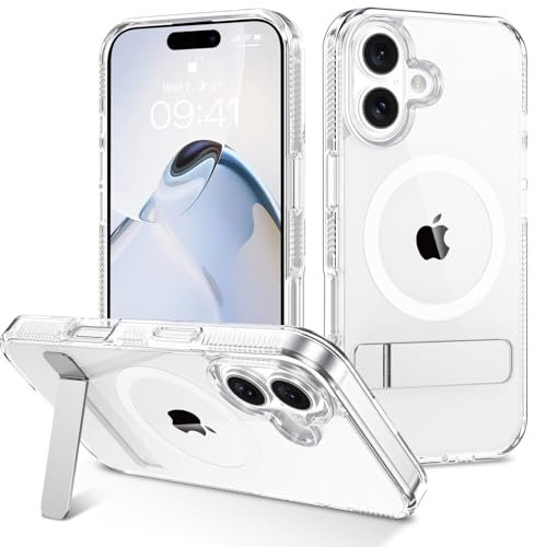 GUAGUA Magnetic for iPhone 16 Plus Case Clear with Metal Stand [Compatible with MagSafe] [Invisible Kickstand] Slim Military Grade Shockproof Protective Phone Cover for iPhone 16 Plus 6.7'', Clear