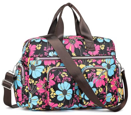 KONO Damen leichte Handtasche, Wasserdichte Umhängetasche mit Blumenmuster, Groß Henkeltasche für Frauen, Multifunktionale Schultertasche für Reisen, Shopper, Arbeit(Schwarz)