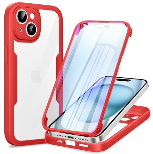 Phoona für iPhone 15 Hülle, 360 Grad Robust Stoßfest Schutzhülle mit Eingebautem Displayschutz, Case Transparent Panzerhülle Handyhülle für iPhone 15, Rot