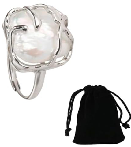 XENQITO 1 Pcs Anello di Perle Irregolare, con Foglia di Strass, Stile Barocco, Anello Argento per Donna, Regolabile Aperte Anello, Stile Vintage, Regalo di Anniversario, con Borsa in Velluto