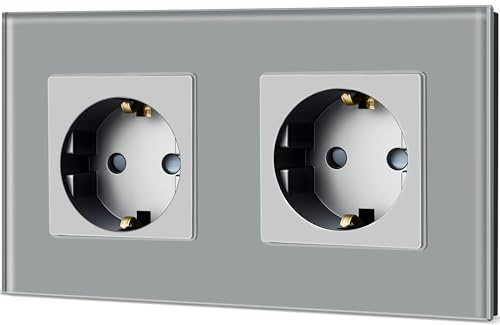 TAWOIA Schuko Steckdose, EU-Standard 2 Fach Glas Unterputz Steckdose 16Amp 250 V, Wandsteckdose mit Kristallglasplatte Grau 86×157mm
