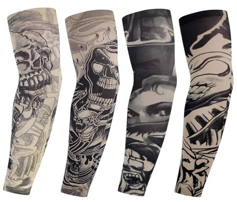 4 Manchons Tatouage Temporaire pour Hommes & Femmes - Faux Tatouage Bras Manches UV Protection - Pour Sport, Cosplay, Fêtes - Couvre-Tatouage Nylon Lavable,A