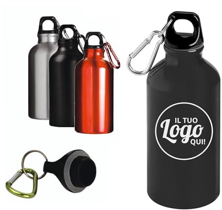 pubblienne Set 10 Borracce Alluminio Personalizzate con Incisione Laser – 500ml con Moschettone, Tappo a Vite e Finitura Lucida (Nera, 10 pezzi)