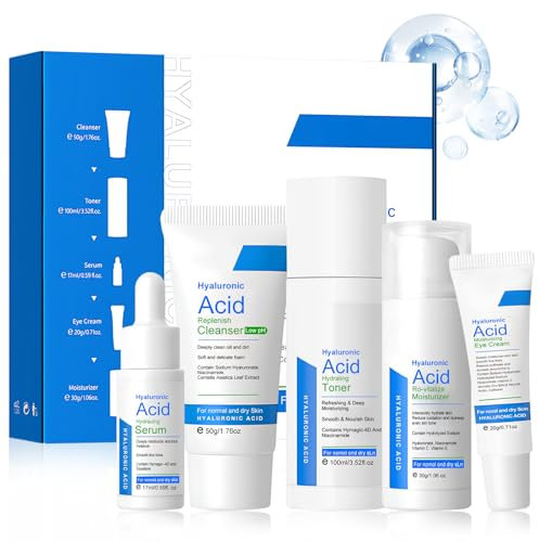 Acido Hialuronico Skincare Kit, Cuidado Facial Mujer, Kit Skincare Facial Mujer Completo con Limpiador facial, Tonico Facials, Serum Acido Hialuronico, Crema cara, Eye Cream, Nutre y Repara (5 Piezas)
