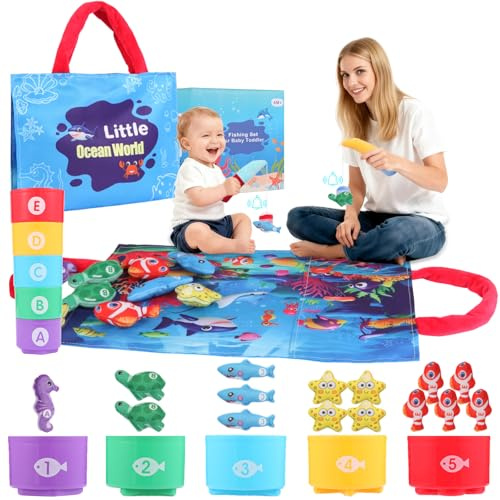 Montessori Toddler Toys for 1 2 3 Year Old Boys Girls, 2 Poles 23PCS Fabric Interactive Fishing Game for Baby 6 to 9 12 18 Months, Sensory Early Learning Set Easter and 1st Birthday Gift for Kids