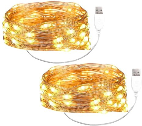 Kaleora 2 Stück LED Lichterkette mit USB, 2M 20 LED Kupferdraht Lichterkette mit Stecker, Warmweiß Micro Draht Lichterketten für Weihnachten Schlafzimmer Hochzeit Innen Party Deko