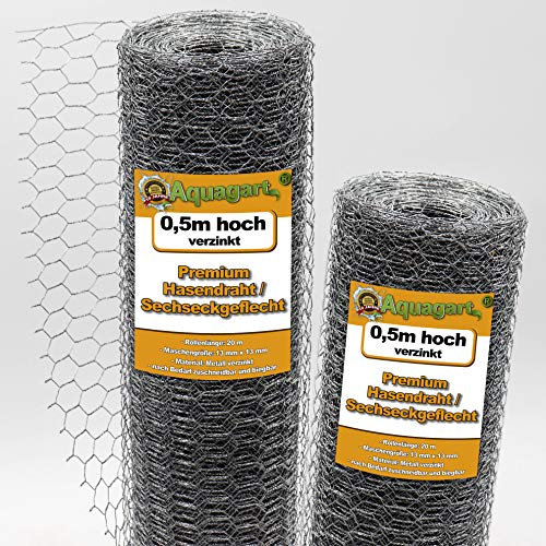 Aquagart Maschendrahtzaun Sechseckgeflecht verzinkt I Hühnerzaun Kaninchendraht Hasengitter feinmaschig 13 x 13 mm I 6-Eck Drahtgeflecht 0,7 mm Hasendraht (50cm hoch, 20m)