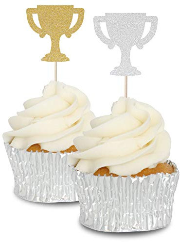 Glitter Trophy Cupcake Toppers - 12pk - Decoration Picks (Gold Glitter)