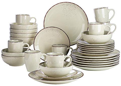 vancasso serie NAVIA Nature Juego de Vajillas 32 piezas, con Platos de Cena, Postre, Cuencos y Tazas, Esmaltada Gres Vajillas Retro para 8 Personas(Beige)
