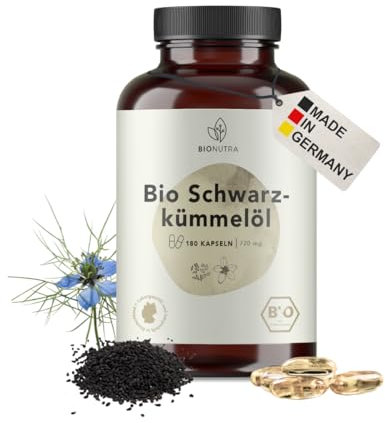 BIONUTRA® Huile de nigelle bio | 180 gélules de 720 mg | Agriculture biologique | Végan | Extraction par pressage à froid | Cumin noir (Nigella sativa)| 151 g | 100% Cumin noir | Fabriqué en Allemagne