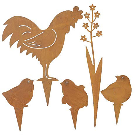 Gartenstecker Hühnerfamilie 5er Set- Osterdeko Huhn mit Küken - Rostoptik - Stecker für Innen - Außen - Hahn, Hühner, Küken, Blume - Frühlingsdeko Metall
