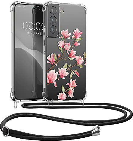 kwmobile Necklace Case kompatibel mit Samsung Galaxy S22 Hülle - Silikon Cover mit Handykette - Rosa Weiß Transparent Magnolien