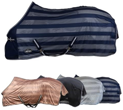 Marengos - Fliegendecke mit Kreuzgurt Economic – Schutz vor Insekten & Plagegeistern – Ekzemerdecke inkl. großem Schweiflatz – Verstellbarer Kreuzgurt – Pferdedecke in Marine – 155 cm