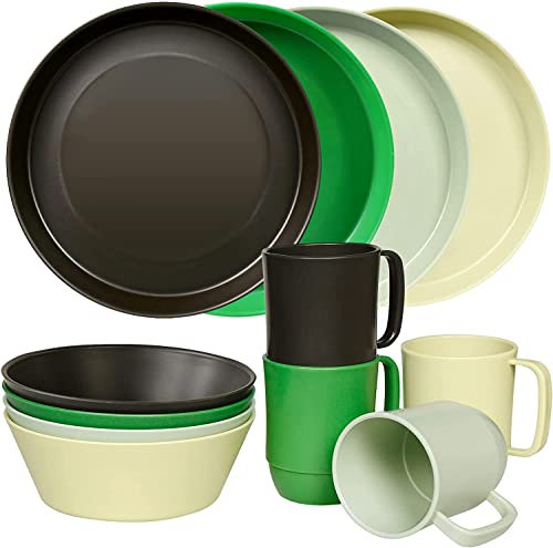 Greentainer Geschirrsets aus Kunststoff | Leichtes und Unzerbrechliches Komplett-Set,Tellerset, Schüsseln,Tassen,Tafel-Service für 4 Person, ideal für Kinder & Erwachsene Wiederverwendbar