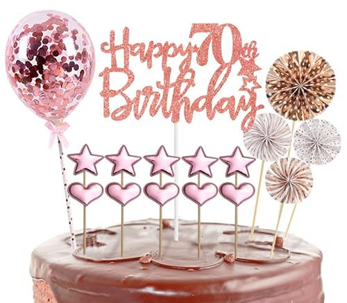 Tortendeko 70 Geburtstag Frau,16 Stück Glitzer 70. Geburtstagstorte Topper,Roségold Cake Topper Deko 70 Geburtstag,Happy 70th Birthday Kuchendeko Luftballons für 70. Geburtstag Party Kuchen Deko