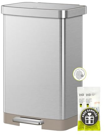 EKO Hudson Matte Stainless 50 Liter/13.2 Gallon Step Trash Can with Rear Trash Bag Storage Compartment