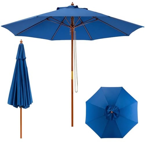 GOPLUS Sombrilla de Madera de 260 cm, Sombrilla de Jardín Regulable en Altura, Sombrilla de Playa con 8 Costillas, Protección UV, Sombrilla con Ventilación, Base de Sombrilla no Incluida, Azul