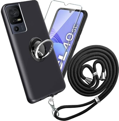 Per TCL 40 SE Cover Vetro Temperato - Custodia in Silicone TPU - Black Case Protezione Cellulare Trasparente Bumper 9H Pellicola Protettiva+ Finger ring phone holder + Phone lanyard