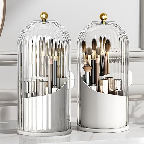 Ezebesta Make-up-Pinselhalter, Organizer mit transparentem Deckel, 360 Grad drehbar, Schiebeöffnung, staubdicht, Behälter für Schminktisch