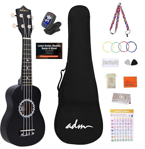 ADM Sopran Ukulele Set für Kinder und Anfänger, Ukulele Starter Kit mit Tasche, Stimmgerät, Regenbogensaiten, Bunter Gurt, Plektron, Griffbrettaufkleber, Akkord-Karte (Matt-schwarz)