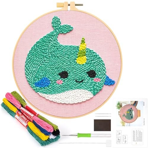 JSRQT Stanznadel Stickerei Starter Kit für Kinder Erwachsene,Punch Needle Stickerei Set für Anfänger,Punch Needle Anfänger Handarbeit Set mit Stoff,Fäden,Einfädelhilfe(Narwal)