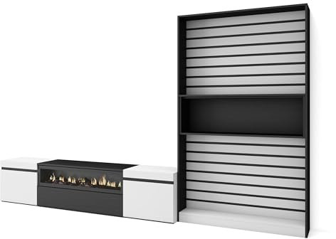 Skraut Home | Muebles de Salón para TV | Conjunto de Muebles Comedor | 210x186x35cm | para TV hasta 80 | Chimenea eléctrica | Estilo Moderno | Blanco y Negro