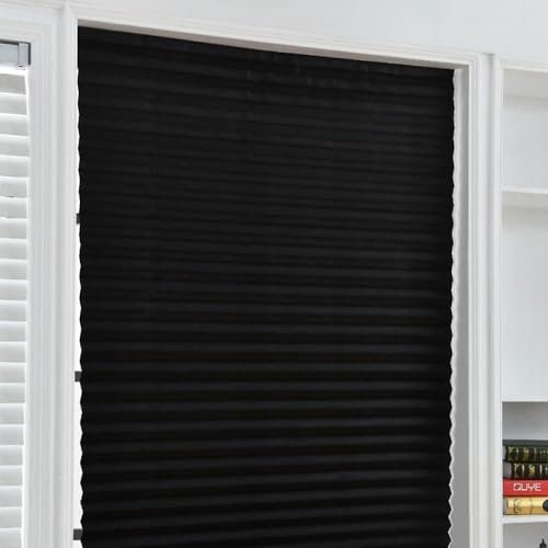 Temporary Blinds With Clips - Pleated Shades for Windows - Stick On Shade for Bedroom, Bathroom, Kitchen - 92cm X 180cm (2, Black (Blackout))