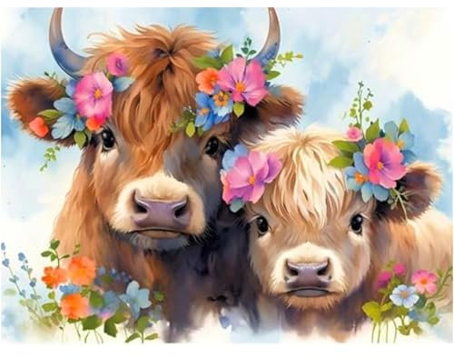 feelive Fleur Peinture par Numéro pour Adulte, Vache Kit de Peinture à l'huile sur Toile Bricolage pour Enfant Débutants Avec Pinceau Pigment Acrylique 40x30cm