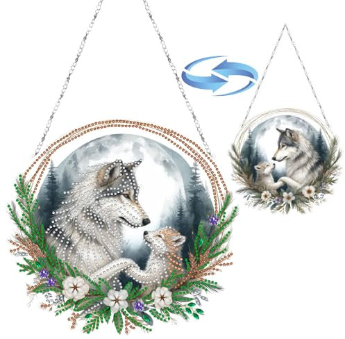 CXINLky DIY Diamond Art Painting Anhänger mit Kette, Tier Diamant Painting Fensterbilder, Kreatives 5D Diamond Malerei Wandbehang Kits für Fenster Wand Garten Decor-08-Wolf