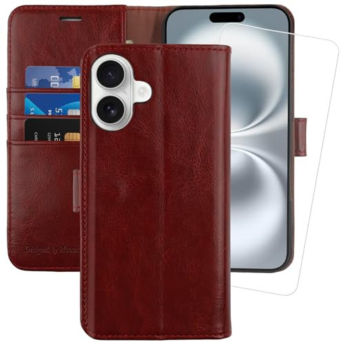 MONASAY for iPhone 16 5G wallet case,[Glass Screen Protector Included] [RFID Blocking] Flip Folio Leather Cell Phone Cover with Credit Card Holder, 6.1-inch, Burgundy