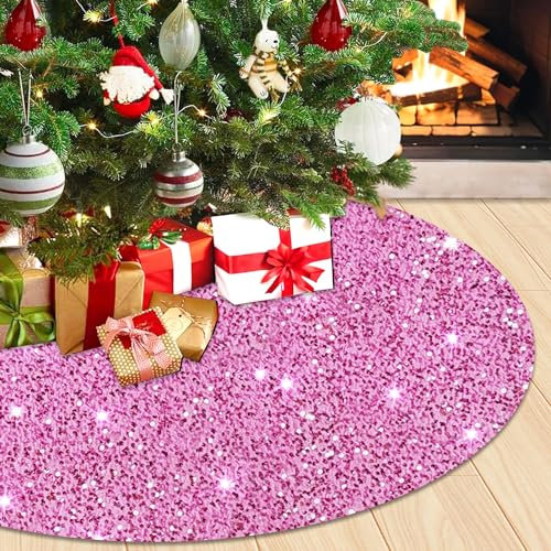 WUPIOS Pink Tree Skirt 60 Inch Christmas Tree Skirt with Glitter Sequin Xmas Tree Skirts for Christmas Indoor Outdoor Decorations Extra Large Christmas Tree Skirt Cover for 8ft Christmas Tree Decor
