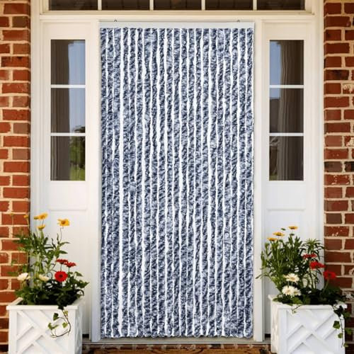 Sufrk Rideau anti-insectes en chenille pour porte, fenêtre, séparateur de pièce, rideau de porte - 90 x 220 cm - Bleu, blanc et argenté