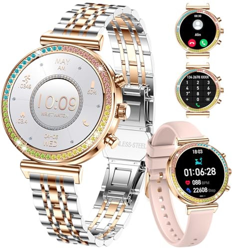 Smartwatch da donna schermo HD da 1,27 pollici Bluetooth chiamate fitness tracker smartwatch sportivo per telefoni Android iOS cardiofrequenzimetro/monitoraggio del sonno/IP67 (oro argento)