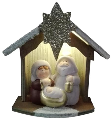 Krippenhaus Krippe Stern Komet aus Holz Heilige Familie mit warmem Licht H: 14 cm 3 Figuren - Batteriebetrieb im Lieferumfang enthalten - Weihnachtsdekoration für Zuhause Wohnräume Geschenkidee