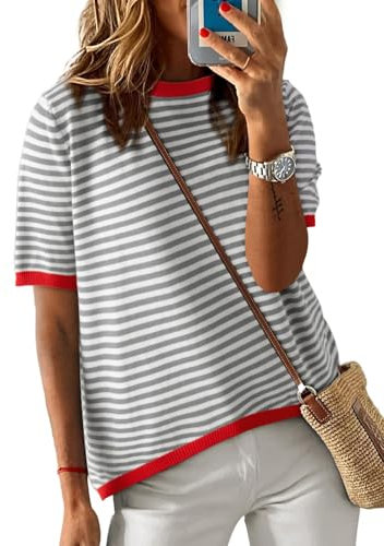 Cuptacc T Shirt Damen Gestreiftes Rundhals Oberteile Damen Sommer Oversized Tshirt Locker Fashion Bluse Kurzarm Tops Grau Groß L 42-44