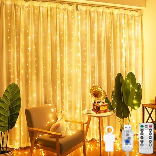 CNMTCCO 2mx2m Lichtervorhang Warmweiß,200 LED lichterketten Vorhang Innen, 8 Modi LED Lichterkette,hängend USB Lichtervorhang,Lichterkette für Innen Outdoor, Zimmer, Party, Balkon deko, Weihnachtsdeko