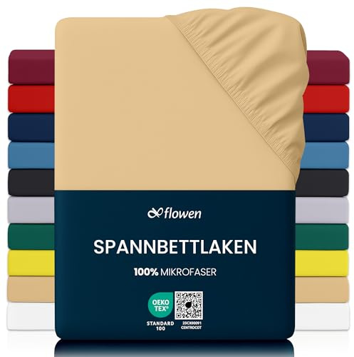 Flowen Spannbettlaken 120x200 cm Mikrofaser Spannbetttuch Beige für Bett Atmungsaktive Hypoallergene Bettlaken Anti-Milbe Leicht Weich und Knitterfrei mit 30 cm Tiefe Tasche Maschinenwaschbares