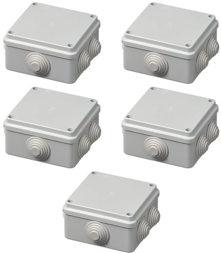 5 Scatole di derivazione esterne IP55, quadrata 100 x 100 x 50 mm, scatola di giunzione per impianto elettrico, impermeabile, con passacavi, grigio, coperchio a vite, ideale per illuminazione