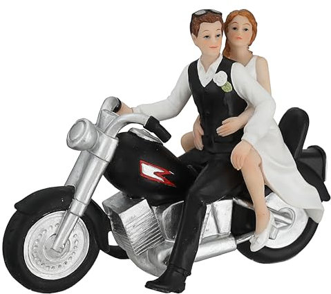 Couple de mariés sur moto | 17 x 13 x 7 cm en polyrésine noir et blanc | Décoration de mariage marié Figurine de gâteau de mariés