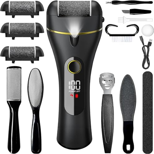 Vexloria Pedicure Elettrico Professionale, 16-in-1 Set Calli Rimozione Ricaricabile con 3 Rulli di Ricambio, 2 velocità, kit pedicure per Piedi Rimozione Calli Pelle Dura Secca