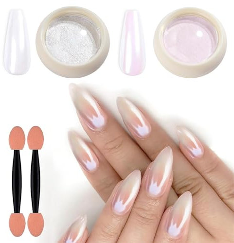 Chrome Nail Powder - 2 Colours Chrome Powder Metallic Mirror Effect - Pink White Pearl Chrome Nail Powder - High Glossy & Glazed Aurora & Mermaid Nail Glitter Pigment Powder For Nails Decoration