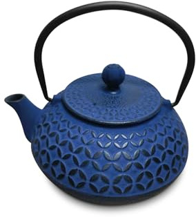 H&H Théière en fonte émaillée 0,80 L avec filtre en acier inoxydable, couleur bleue, adaptée à tous les étages de cuisson, y compris induction